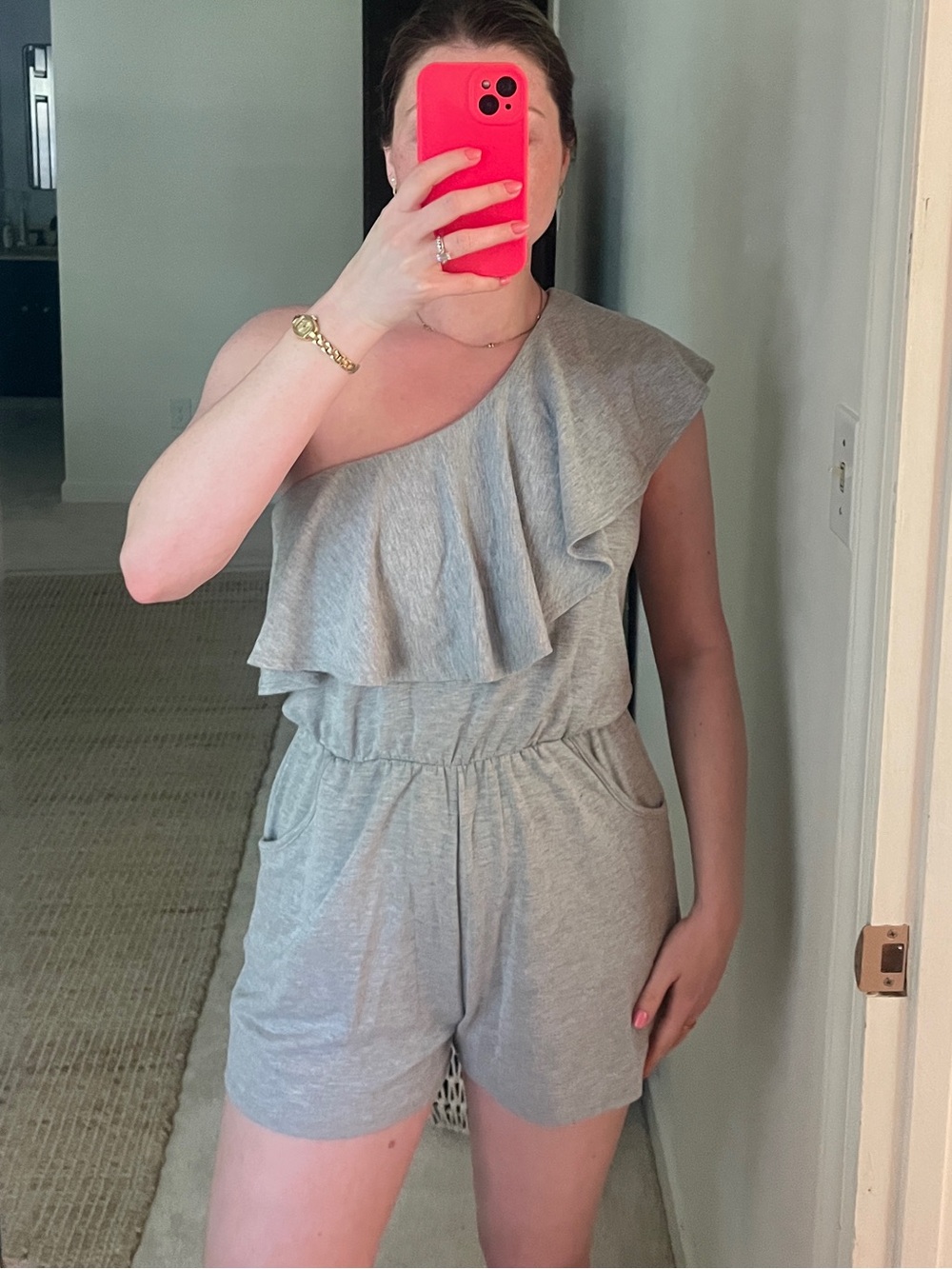 One-Shoulder Ruffle Knit Romper in Light Gray